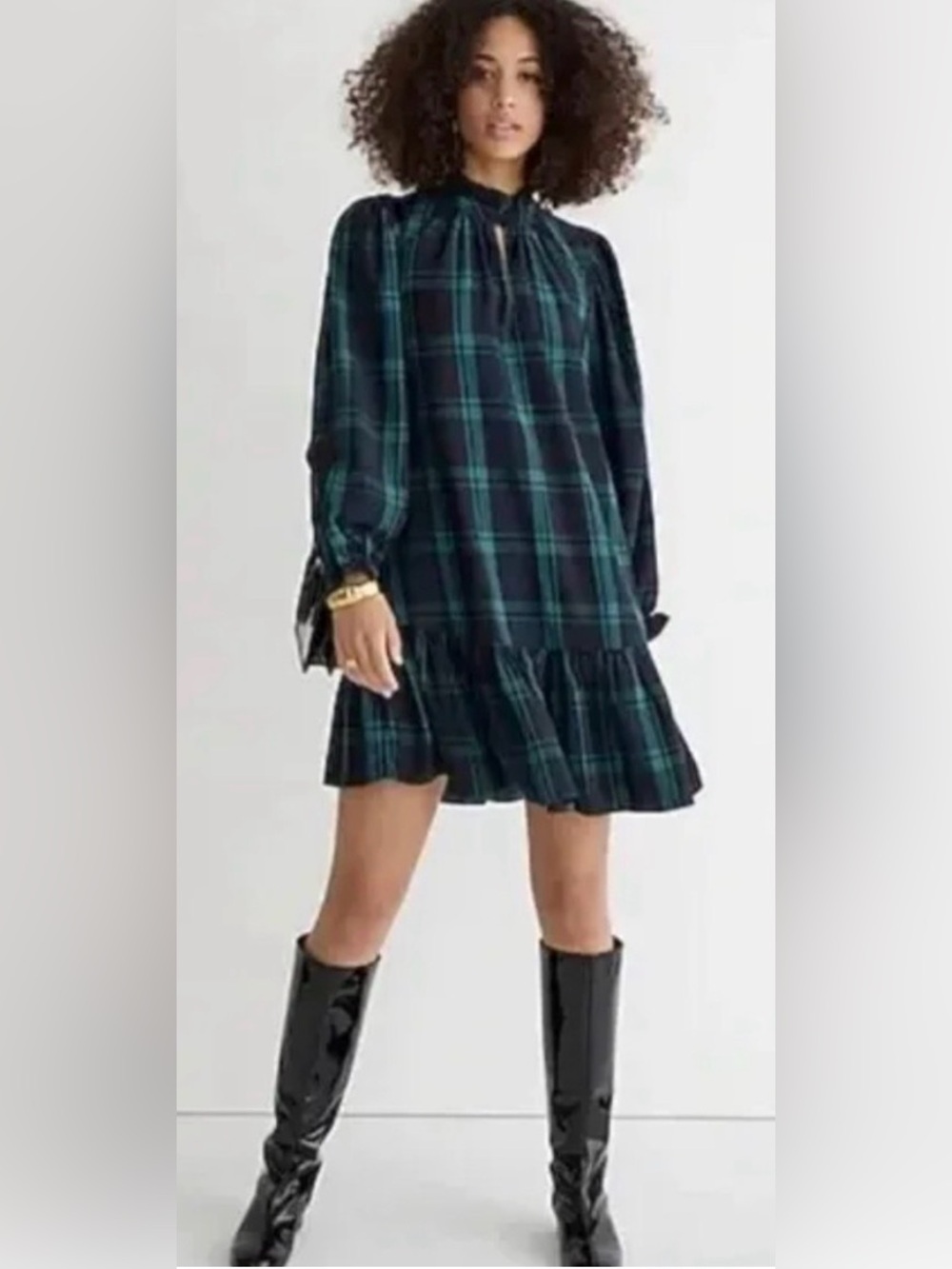J Crew Green Black Tartan Plaid Ruffle Puff Sleeve Dress Size Small NWT